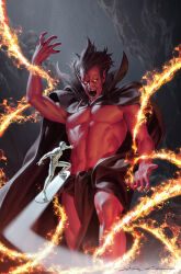 Rule 34 | 2boys, arm up, battle, black cape, black hair, cape, cave interior, collared cape, colored skin, demon boy, fire, giant, giant male, glowing, glowing eyes, high collar, highres, loincloth, marvel, mephisto (marvel), multiple boys, open mouth, pointy ears, red skin, sharp teeth, signature, silver skin, silver surfer, size difference, sky surfing, standing, teeth, yellow eyes, yoon junggeun