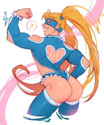 Rule 34 | 1girl, absurdres, ass, blonde hair, blue leotard, clothing cutout, cropped legs, domino mask, flexing, frilled leotard, frills, from behind, grin, hair pulled back, heart cutout, highres, leotard, long hair, looking at viewer, mask, muscular, muscular female, nose, rainbow mika, shoulder cutout, smile, solo, standing, street fighter, street fighter v, teeth, twintails, valentina tavolilla, very long hair, wrestling outfit