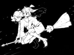 Rule 34 | 10s, 2girls, amanda o&#039;neill, boots, broom, broom riding, dowman sayman, dress, flying, greyscale, kagari atsuko, little witch academia, long hair, monochrome, multiple girls, multiple riders, open mouth, skirt, smile, witch
