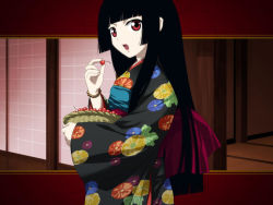Rule 34 | 00s, 1girl, basket, black hair, blunt bangs, bracelet, cherry, enma ai, floral print, food, from side, fruit, hime cut, holding, holding food, holding fruit, japanese clothes, jewelry, jigoku shoujo, kimono, lips, looking at viewer, obi, open mouth, red eyes, saipaco, sash, solo