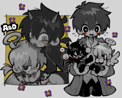 Rule 34 | 3boys, absurdres, angel and devil, angel wings, black footwear, black nails, black sweater, blood, blood on face, blush, boots, cardigan, collared shirt, dark konoha, demon horns, demon tail, demon wings, grey cardigan, grey pants, halo, highres, horns, kagerou project, kokonose haruka, konoha (kagerou project), long sleeves, looking at viewer, mini person, miniboy, multiple boys, multiple persona, open mouth, pants, shirt, simple background, sitting, sweater, tail, tears, tonkatsu184, white background, white shirt, white sweater, wings