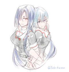 Rule 34 | 2girls, auo123, belt, blue eyes, blue hair, bow, character request, closed mouth, hair over one eye, highres, light blue hair, long hair, multiple girls, orange eyes, origami yukari, red neckwear, scabbard, sheath, simple background, sketch, sleeves rolled up, smile, toji no miko, turtleneck, twitter username, very long hair, white background