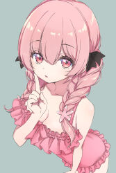 Rule 34 | arm at side, bare arms, bare shoulders, black bow, bow, braid, breasts, cleavage, dress, dress bow, eyelashes, finger to cheek, flower hair ornament, frilled dress, frills, from above, green background, hair between eyes, hair over shoulder, hand up, index finger raised, kohanai momomi, long hair, looking at viewer, medium breasts, open mouth, pink bow, pink dress, pink eyes, pink hair, sleeveless, sleeveless dress, tsuruta bungaku, twin braids, virtual youtuber