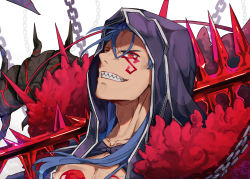 Rule 34 | 1boy, blue hair, chain, clenched teeth, close-up, cu chulainn (fate), cu chulainn (fate) (all), cu chulainn (fate/stay night), cu chulainn alter (fate), cu chulainn alter (fate/grand order), dpea9, facial mark, facial tattoo, fate/grand order, fate (series), gae bolg (fate), grin, hair strand, highres, hood, lancer, long hair, looking at viewer, male focus, over shoulder, red eyes, sharp teeth, simple background, smile, solo, spikes, tattoo, teeth, white background