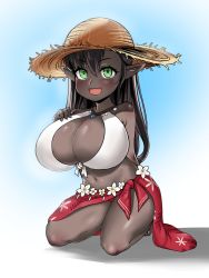 Rule 34 | :d, arm behind back, bikini, blush, borrowed character, breast suppress, breasts, cleavage, dark-skinned female, dark skin, final fantasy, final fantasy xiv, flower, front-tie bikini top, front-tie top, gradient background, green eyes, hat, highres, huge breasts, lalafell, midriff, navel, open mouth, oppai loli, pointy ears, red sarong, sarong, seiza, shortstack, simple background, sirachi, sitting, smile, solo, straw hat, swimsuit, warrior of light (ff14), white bikini