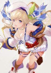 Rule 34 | 1girl, bare shoulders, belt, bent over, beret, between breasts, blonde hair, blue eyes, boots, breasts, cleavage, cucouroux (granblue fantasy), detached sleeves, granblue fantasy, hair ribbon, hat, long hair, looking at viewer, medium breasts, nido celisius, open mouth, pouch, ribbon, simple background, skirt, smile, socks, solo, tank top, thigh pouch, thigh strap, twintails