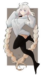 Rule 34 | 1girl, absurdly long hair, absurdres, ahoge, black pantyhose, blue eyes, braid, breasts, brown background, commentary, framed image, full body, grey sweater, highres, hood, hooded sweater, kizuna akari, large breasts, leg up, long hair, looking at viewer, onion jounouchi, pantyhose, platinum blonde hair, ribbed sweater, sleeves past fingers, sleeves past wrists, smile, solo, sweater, twin braids, twisted torso, very long hair, voiceroid