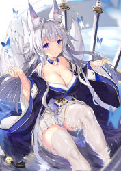 Rule 34 | 1girl, absurdres, animal ear fluff, animal ears, azur lane, bare shoulders, bell, black kimono, blue eyes, blush, breasts, bug, butterfly, cleavage, collarbone, commentary request, detached collar, feet out of frame, fox ears, fox girl, fox tail, highres, hydrokinesis, insect, japanese clothes, jingle bell, kimono, knee up, large breasts, long hair, long sleeves, looking at viewer, miniskirt, multiple tails, ochinsama, off shoulder, parted lips, planted, planted sword, planted weapon, pleated skirt, purple eyes, shinano (azur lane), sitting, skirt, smile, solo, straight hair, sword, tail, tassel, thighhighs, very long hair, water, weapon, wet, wet clothes, white hair, white skirt, white thighhighs, wide sleeves, zettai ryouiki
