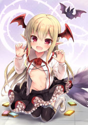 Rule 34 | 10s, 1girl, bankoku ayuya, bat wings, black skirt, black thighhighs, blonde hair, blush, boots, commentary request, fang, flower, frilled skirt, frills, granblue fantasy, head wings, kneeling, long hair, long sleeves, looking at viewer, navel, open clothes, open mouth, open shirt, pointy ears, red eyes, red flower, red rose, rose, shingeki no bahamut, shirt, skirt, smile, solo, thighhighs, vampire, vampy, wardrobe malfunction, white shirt, wings