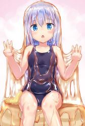 Rule 34 | 1girl, arms up, bare arms, bare shoulders, blue eyes, blue hair, blue one-piece swimsuit, blush, breasts, butter, chestnut mouth, collarbone, commentary request, covered navel, double w, food, food on body, food on face, food on head, gochuumon wa usagi desu ka?, hair between eyes, hair ornament, hairclip, hands up, highres, honey, in food, kafuu chino, long hair, looking at viewer, mini person, minigirl, naka (cheeseyeast), navel, object on head, one-piece swimsuit, open mouth, pancake, saliva, school swimsuit, simple background, sitting, sitting on food, small breasts, solo, swimsuit, thighs, w, wet, white background, x hair ornament