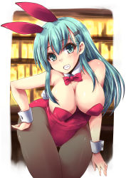 Rule 34 | 10s, 1girl, alternate costume, animal ears, aqua eyes, aqua hair, bare arms, bare shoulders, blush, bow, bowtie, breasts, rabbit ears, rabbit tail, cleavage, clenched teeth, curvy, detached collar, fake animal ears, female focus, grin, hair ornament, hairclip, hanging breasts, highres, kantai collection, large breasts, leaning, leaning forward, legs, leotard, long hair, looking at viewer, pantyhose, playboy bunny, playboy bunny, red bow, red leotard, shinshin, smile, solo, standing, strapless, strapless leotard, suzuya (kancolle), tail, teeth, thigh gap, wide hips, wrist cuffs