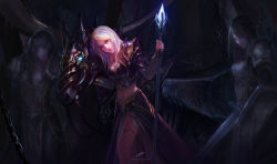 Rule 34 | 1girl, armor, armored dress, blonde hair, blue eyes, breasts, chenbo, cleavage, detached sleeves, head tilt, highres, holding, holding sword, holding weapon, horse, invicible (wow), jaina proudmoore, jewelry, long hair, midriff, multicolored hair, navel, necklace, pauldrons, pegasus, shoulder armor, signature, solo, staff, sword, two-tone hair, wand, warcraft, weapon, white hair, world of warcraft