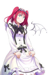 Rule 34 | 1girl, absurdres, apron, aqua eyes, artist name, artist request, black bow, black necktie, blush, bow, buttons, female focus, highres, holding, holding clothes, holding skirt, kurosawa ruby, long sleeves, looking at viewer, love live!, love live! sunshine!!, maid, maid apron, maid headdress, mismatofuture, necktie, red hair, shirt, short hair, skirt, solo, twintails, white background, white shirt, white skirt
