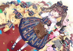 Rule 34 | 1girl, bag, band uniform, bow, briefcase, brown eyes, brown hair, confetti, dress, drum, drumsticks, gold trim, hair bow, hand on own cheek, hand on own face, hat, highres, instrument, lolita fashion, long hair, long sleeves, looking at viewer, marching band, north abyssor, open mouth, original, pantyhose, rabbit, solo, stuffed animal, stuffed rabbit, stuffed toy, teddy bear, top hat, trumpet, twintails, uniform, white pantyhose
