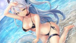 Rule 34 | 1girl, :q, anchor, arm up, ass, azur lane, bare arms, barefoot, beach, bikini, black bikini, blush, breasts, brown eyes, choker, cleavage, closed mouth, cloud, cloudy sky, collarbone, cross, day, flag print, floatation devices, floating hair, german flag bikini, german text, hair between eyes, hair ribbon, hand on own head, innertube, iron cross, large breasts, long hair, looking at viewer, mole, mole on breast, multicolored hair, navel, ocean, outdoors, prinz eugen (azur lane), prinz eugen (unfading smile) (azur lane), red hair, ribbon, sand, sanshi (sannshi 34), side-tie bikini bottom, sidelocks, silver hair, sitting, sky, smile, solo, sparkle, stomach, streaked hair, sun, swim ring, swimsuit, thigh strap, thighs, tongue, tongue out, tsurime, two side up, very long hair, wariza, water, wet
