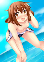 Rule 34 | 10s, blush, breasts, brown hair, clothes pull, fang, hair ornament, hairclip, hoshizuki (seigetsu), ikazuchi (kancolle), kantai collection, looking at viewer, nipples, ocean, one-piece swimsuit pull, open mouth, school swimsuit, short hair, small breasts, smile, sunlight, swimsuit, water