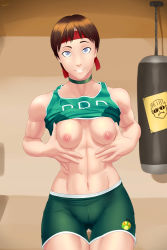 Rule 34 | 1girl, abs, alternate costume, bike shorts, blue eyes, breasts, brown hair, capcom, clothes lift, crop top, grillo fernandez, headband, highres, looking at viewer, nipples, rebecca chambers, resident evil, resident evil 0, shirt lift, small breasts, smile, solo, toned, wide hips