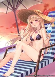 Rule 34 | 1girl, anklet, barefoot, beach, beach umbrella, bikini, blonde hair, blush, bracelet, breasts, chair, cleavage, cloud, crazy straw, cup, drink, drinking glass, drinking straw, food, fruit, fukahire (ruinon), hat, hat ribbon, heart, heart necklace, heart print, heart straw, jewelry, long hair, looking at viewer, lounge chair, medium breasts, million arthur (series), navel, necklace, orange (fruit), outdoors, parted lips, pendant, print bikini, red eyes, red ribbon, ribbon, side-tie bikini bottom, sitting, sky, smile, solo, sun hat, swimsuit, twilight, umbrella