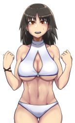 Rule 34 | 1girl, abs, bikini, black hair, bracelet, breasts, brown eyes, cleavage, clenched hands, commentary, cowboy shot, frown, girls und panzer, groin, half-closed eyes, highres, jewelry, large breasts, long hair, looking at viewer, murakami (girls und panzer), open mouth, simple background, solo, standing, sweatdrop, swimsuit, thigh gap, underboob, unzipped, w arms, white background, white bikini, yougata, zipper