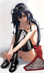 Rule 34 | 1girl, absurdres, ahoge, ass, azur lane, bikini, black bikini, black hair, black thighhighs, blush, breasts, check commentary, cleavage, collarbone, commentary request, crossed ankles, eyewear on head, hair between eyes, highres, jacket, l.j., large breasts, long hair, looking at viewer, medium breasts, off shoulder, official alternate costume, parted lips, partial commentary, race queen, red eyes, red jacket, sitting, solo, swimsuit, taihou (azur lane), taihou (enraptured companion) (azur lane), thighhighs, thighs, topless, very long hair