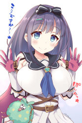 Rule 34 | 1girl, black hairband, blue eyes, blue neckerchief, blush, bouncing breasts, breasts, capelet, gloves, hair ornament, hairband, hairclip, highres, impossible clothes, large breasts, looking at viewer, misora (princess connect!), neckerchief, princess connect!, purple capelet, purple gloves, purple hair, ryuki (ryukisukune), signature, smile, solo, split mouth