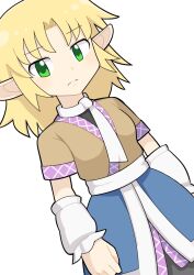 Rule 34 | 1girl, arm warmers, black shirt, black skirt, blonde hair, breasts, brown shirt, commentary request, cookie (touhou), cowboy shot, dutch angle, expressionless, green eyes, hospital king, joker (cookie), looking at viewer, medium bangs, medium hair, mizuhashi parsee, parted bangs, pointy ears, scarf, shirt, short sleeves, simple background, skirt, small breasts, split mouth, touhou, undershirt, white background, white scarf
