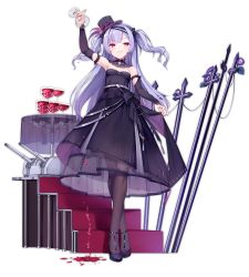 Rule 34 | 1girl, ajax (azur lane), ajax (party queen) (azur lane), alcohol, alternate costume, arm up, azur lane, bare shoulders, black bow, black dress, black footwear, black hat, blush, bow, breasts, bridal gauntlets, brown pantyhose, cannon, clothes lift, crossed legs, cup, dress, dress lift, drinking glass, floating hair, flower, full body, hair bow, hat, hat flower, head tilt, high heels, holding, holding cup, kaede (yumesaki kaede), lifting own clothes, long hair, long sleeves, mini hat, mini top hat, official art, one eye closed, pantyhose, parted lips, pouring, purple eyes, purple flower, purple hair, purple rose, rose, see-through, shoes, small breasts, smile, smirk, solo, stairs, standing, strapless, strapless dress, striped clothes, striped headwear, table, tilted headwear, top hat, transparent background, tsurime, turret, two side up, vertical-striped clothes, vertical-striped headwear, vertical-stripes, very long hair, watson cross, wine, wine glass