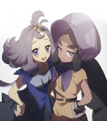 Rule 34 | 2girls, acerola (pokemon), bad id, bad twitter id, black hair, bonnet, bright pupils, creatures (company), dark-skinned female, dark skin, dress, elite four, frown, game freak, gloves, hair ornament, half updo, hapu (pokemon), island kahuna, jumpsuit, long hair, multicolored clothes, multicolored dress, multiple girls, nintendo, no-kan, npc trainer, open mouth, pokemon, pokemon sm, purple eyes, purple hair, short hair, simple background, stitches, thick eyebrows, trial captain, white background, white pupils