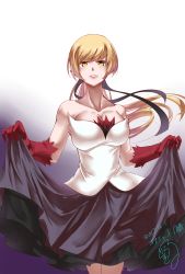 Rule 34 | 1girl, absurdres, black ribbon, blonde hair, breasts, cleavage, clothes lift, collarbone, commentary request, dated, dorashieru, dress, dress lift, gloves, hair ribbon, highres, kiss-shot acerola-orion heart-under-blade, kizumonogatari, large breasts, long hair, looking at viewer, monogatari (series), oshino shinobu, pointy ears, ponytail, red gloves, ribbon, signature, solo, strapless, strapless dress, yellow eyes