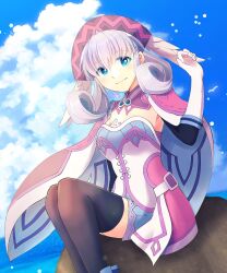 Rule 34 | 1girl, black thighhighs, blue dress, blue eyes, blue sky, breasts, cape, closed mouth, cloud, cloudy sky, commentary request, day, dlllll lllllb, dress, feathered wings, feet out of frame, grey hair, hair between eyes, hand up, hat, highres, looking at viewer, medium breasts, melia antiqua, outdoors, sitting, sky, smile, solo, thighhighs, white cape, white wings, wings, xenoblade chronicles (series), xenoblade chronicles 1