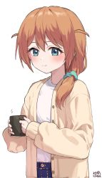 Rule 34 | 1girl, baba konomi, blush, cardigan, cup, dated, hair ornament, hair scrunchie, highres, holding, holding cup, idolmaster, idolmaster million live!, looking at viewer, mug, myeolchi, orange hair, scrunchie, shirt, side ponytail, signature, simple background, smile, solo, upper body, white background, white shirt, yellow cardigan