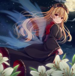 1girl :o blonde_hair blush chinese_clothes commentary_request dress flower from_behind from_side full_moon hair_between_eyes hand_on_own_chest hat headdress junko_(touhou) lily_(flower) long_hair long_sleeves looking_at_viewer looking_back moon night outdoors red_eyes shiromikan sky solo star_(sky) starry_sky tabard tassel touhou wide_sleeves