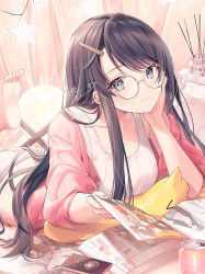 Rule 34 | 1girl, arm support, barefoot, black hair, blue eyes, can, closed mouth, collarbone, glasses, hair ornament, hairclip, hand up, kagachi saku, long hair, long sleeves, looking at viewer, lying, magazine (object), nail polish, on bed, on stomach, original, panties, phone, pillow, pink shirt, shirt, smile, solo, tank top, underwear, white panties, white tank top