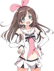 Rule 34 | 1girl, :d, arm warmers, armpits, black bow, black bowtie, bow, bowtie, brown hair, cowboy shot, hair ribbon, hairband, hands on own hips, ixy, kizuna ai, kizuna ai inc., long hair, looking at viewer, multicolored hair, navel, open mouth, pink hair, pink hairband, pink ribbon, ribbon, shirt, short shorts, shorts, simple background, sleeveless, sleeveless shirt, smile, solo, streaked hair, striped bow, striped bowtie, striped clothes, striped neckwear, two-tone hair, virtual youtuber, white background, white bow, white bowtie, white shorts