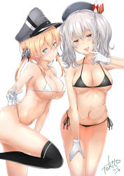Rule 34 | 2girls, absurdres, anchor hair ornament, aqua eyes, beret, black bra, black legwear, black panties, blonde hair, blue eyes, bra, breasts, gloves, hair ornament, hat, highres, kantai collection, kashima (kancolle), large breasts, looking at viewer, low twintails, multiple girls, panties, peaked cap, prinz eugen (kancolle), side-tie panties, sidelocks, silver hair, simple background, standing, standing on one leg, thighhighs, tokito yu, tongue, tongue out, twintails, underwear, wavy hair, white background, white bra, white gloves, white panties
