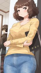 Rule 34 | 1boy, 1girl, blurry, blurry background, book, brown eyes, brown jacket, closed mouth, collarbone, commentary, covered erect nipples, crossed arms, denim, highres, indoors, jacket, jeans, kawakami sadayo, kurosususu, leaning back, long sleeves, looking to the side, no bra, pants, persona, persona 5, pleated pants, pointy breasts, shirt, short hair, solo focus, standing, striped clothes, striped shirt, wavy mouth, yellow shirt
