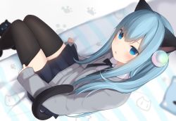 Rule 34 | 1girl, amashiro natsuki, animal ears, black skirt, black thighhighs, blue eyes, blue hair, blurry, blurry background, blush, cat ears, cat girl, cat tail, collared shirt, commentary request, depth of field, dutch angle, from above, grey sweater, hair between eyes, hair ornament, highres, long hair, long sleeves, looking at viewer, looking up, nekoha shizuku, original, parted lips, pleated skirt, shirt, sitting, skirt, sleeves past wrists, solo, sweater, tail, thighhighs, white shirt