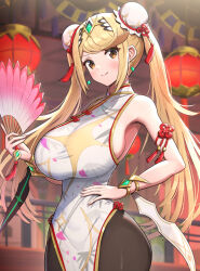 Rule 34 | 1girl, absurdres, armlet, black pantyhose, blonde hair, bracelet, breasts, commentary request, double bun, earrings, gonzarez, hair bun, hand fan, highres, huge breasts, jewelry, lantern, long hair, looking at viewer, mythra (xenoblade), pantyhose, paper lantern, sideboob, smile, solo, twintails, xenoblade chronicles (series), xenoblade chronicles 2, yellow eyes