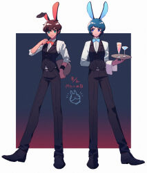 Rule 34 | 2boys, alternate costume, animal ears, aqua eyes, arm behind back, black footwear, black pants, black vest, black wristband, blue bow, blue bowtie, blue eyes, blue hair, border, bow, bowtie, brown hair, bunny day, collared shirt, cup, dress shoes, drinking glass, film grain, formal, full body, gradient background, gundam, gundam zz, hand on own hip, haro, highres, holding, holding tray, judau ashta, kamille bidan, long sleeves, looking at another, male focus, multiple boys, outside border, pants, pin (penco co), rabbit ears, red bow, red bowtie, shirt, sideways glance, simple background, sleeves past elbows, smirk, standing, standing on one leg, towel on arm, traditional bowtie, tray, vest, white border, white shirt, wristband, zeta gundam