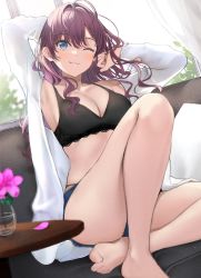 Rule 34 | 1girl, ahoge, bare shoulders, barefoot, black bra, blue eyes, blush, bra, breasts, brown hair, cleavage, coat, collarbone, commentary, couch, flower, hamu (plot sy), highres, ichinose shiki, idolmaster, idolmaster cinderella girls, knee up, legs, long hair, long sleeves, looking at viewer, medium breasts, off shoulder, one eye closed, open clothes, open coat, revision, sitting, smile, solo, underwear, wavy hair, white coat