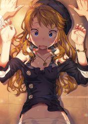 Rule 34 | 10s, 1girl, arm support, armpits, bad id, bad twitter id, bare shoulders, beanie, black bra, black hat, black shirt, blue eyes, blush, bra, breasts, buttons, cleavage, collarbone, cowboy shot, eye contact, hat, highres, idolmaster, idolmaster million live!, jewelry, jpeg artifacts, lens flare, long sleeves, looking at another, looking at viewer, lying, nail polish, narumi arata, navel, necklace, off shoulder, on back, panties, pendant, pov, pov hands, red nails, shirt, solo focus, stomach, sweatdrop, tareme, tokoro megumi, underwear, upper body, wavy hair, wavy mouth, white panties, wide-eyed