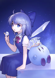 Rule 34 | 1girl, ahoge, ainy, artist name, bad id, bad pixiv id, blue dress, blue eyes, blue hair, cirno, copy ability, crossover, dress, gradient background, hair ribbon, ice, ice cube, ice kirby, ice wings, kirby, kirby (series), looking at viewer, nintendo, open mouth, power connection, puffy sleeves, ribbon, short hair, short sleeves, sitting, touhou, wings