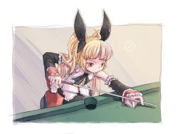 Rule 34 | 1girl, arc system works, blazblue, blonde hair, bow, citolo, cue stick, detached sleeves, hair bow, pool table, rachel alucard, solo, table, twintails