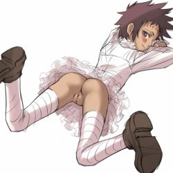 Rule 34 | 00s, 1girl, ass, black hair, blush, d.gray-man, dark-skinned female, dark skin, frills, long legs, lying, mosha, no panties, petite, pussy, road kamelot, short hair, simple background, skirt, smile, solo, striped clothes, striped thighhighs, thighhighs, uncensored, white background, zettai ryouiki
