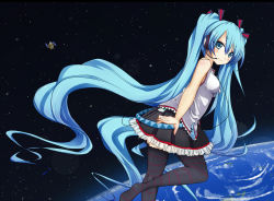 Rule 34 | 1girl, aqua eyes, aqua hair, blush, detached sleeves, earth (planet), floating, floating hair, hatsune miku, hayabusa (spacecraft), headphones, headset, highres, letterboxed, long hair, necktie, planet, revision, satellite, sei000, skirt, smile, solo, space, spacecraft, striped clothes, striped thighhighs, thighhighs, twintails, very long hair, vocaloid