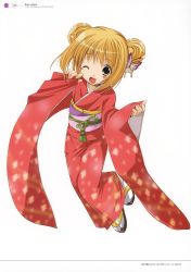 Rule 34 | 1girl, ;d, absurdres, azuma yuki, blonde hair, blush stickers, brown eyes, double bun, full body, furisode, hair bun, highres, japanese clothes, kimono, long hair, looking at viewer, one eye closed, open mouth, original, red kimono, simple background, smile, solo, white background, wide sleeves, yukata