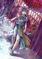 Rule 34 | 1girl, bad id, bad pixiv id, bandages, braid, chinese clothes, clock, clock tower, dutch angle, energy ball, flats, gate, green eyes, hat, highres, hong meiling, loafers, long hair, looking at viewer, moon, nagayo, no socks, open mouth, puffy sleeves, red hair, red moon, revision, scarlet devil mansion, shirt, shoes, short sleeves, side slit, signature, skirt, skirt set, solo, star (symbol), touhou, tower, twin braids, very long hair, vest
