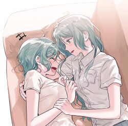 Rule 34 | 2girls, absurdres, aqua eyes, aqua hair, arm around shoulder, arm grab, bang dream!, blush, closed eyes, collared shirt, commentary, couch, couple, dress shirt, highres, hikawa hina, hikawa sayo, incest, long hair, looking at another, lying, multiple girls, on couch, on side, open mouth, shirt, short hair, short sleeves, siblings, sidelocks, twincest, twins, white shirt, yuri, zihacheol