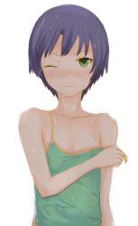 Rule 34 | 1girl, ano natsu de matteru, bare shoulders, blue hair, blush, collarbone, dripping, flat chest, green eyes, green tank top, looking at viewer, nonoririn, one eye closed, short hair, simple background, smile, solo, strap pull, sweat, sweaty clothes, tanigawa kanna, tank top, upper body, wet, wet hair, white background