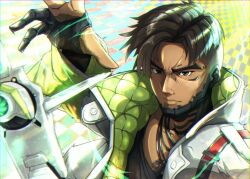 Rule 34 | 1boy, alternate skin color, animification, apex legends, black hair, collarbone, crypto (apex legends), dark-skinned male, dark skin, gloves, green eyes, grey jacket, hack (apex legends), highres, hirome99, jacket, jewelry, looking ahead, male focus, necklace, non-humanoid robot, open hand, partially fingerless gloves, portrait, robot, solo, v-shaped eyebrows